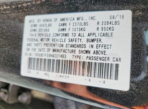 19UUB1F59HA001465 2017 ACURA TLX Черный Вид наклейки с VIN-кодом