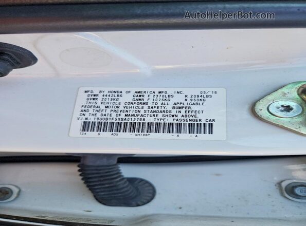 19UUB1F5XGA013798 2016 ACURA TLX White Вид підкапотного простору
