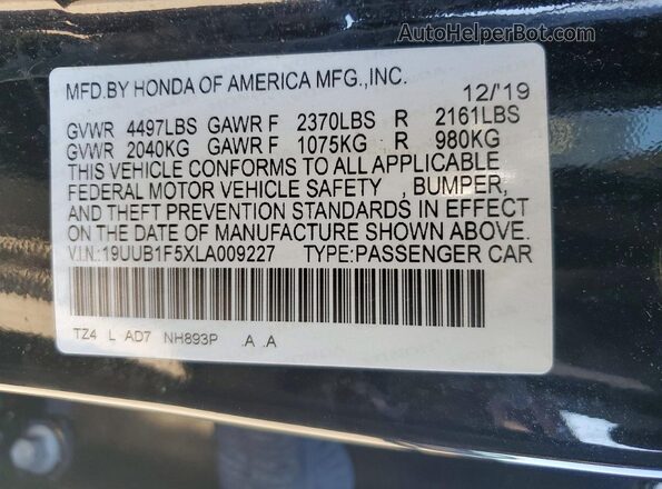 19UUB1F5XLA009227 2020 ACURA TLX Black Вид наклейки з VIN-кодом
