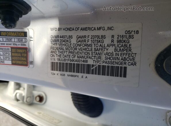 19UUB1F64KA001468 2019 ACURA TLX White Вид наклейки з VIN-кодом