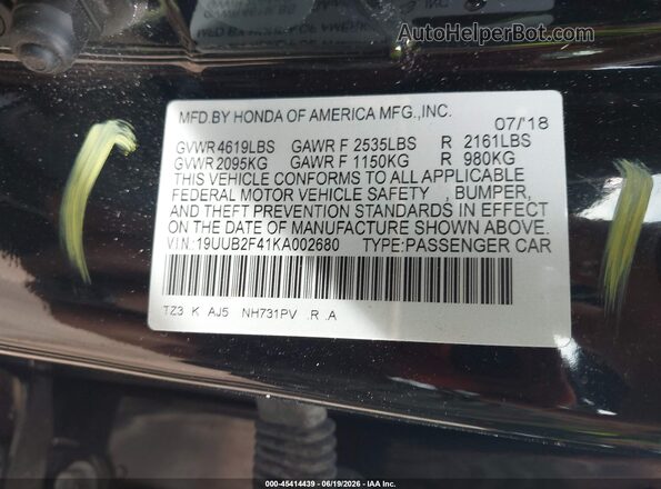 19UUB2F41KA002680 2019 ACURA TLX Black Շարժիչի բաժամունքի տեսք
