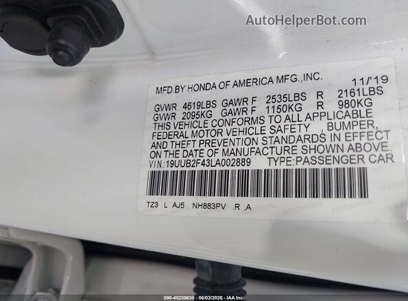19UUB2F43LA002889 2020 ACURA TLX White Շարժիչի բաժամունքի տեսք
