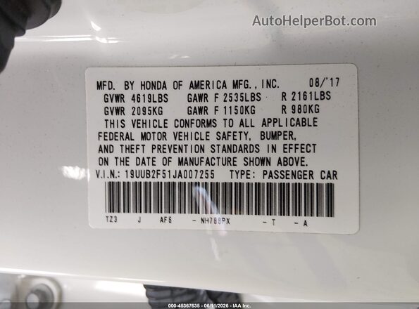 19UUB2F51JA007255 2018 ACURA TLX White Вид підкапотного простору