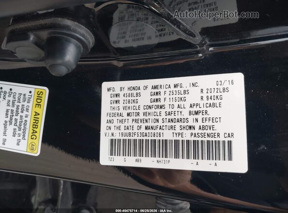 19UUB2F53GA008061 2016 ACURA TLX Black Շարժիչի բաժամունքի տեսք