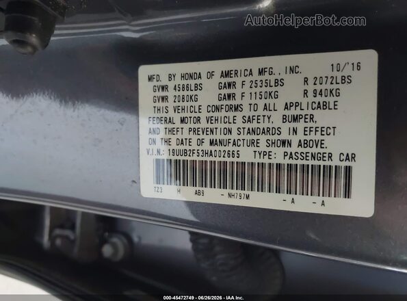 19UUB2F53HA002665 2017 ACURA TLX Gray Engine compartment view
