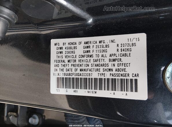 19UUB2F5XGA003097 2016 ACURA TLX Gray Շարժիչի բաժամունքի տեսք
