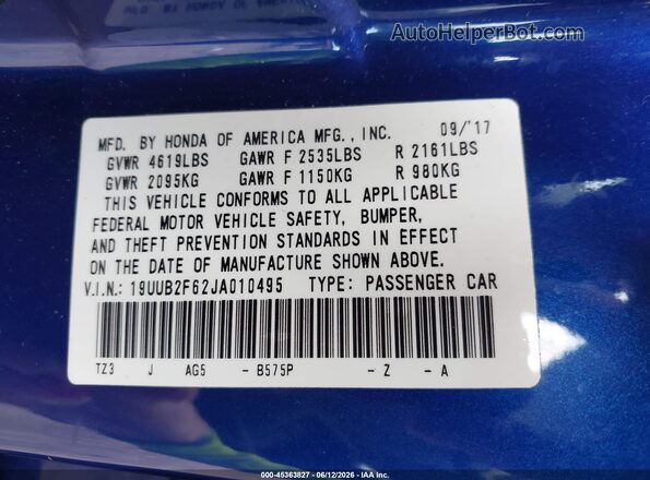 19UUB2F62JA010495 2018 ACURA TLX Blue Вид підкапотного простору