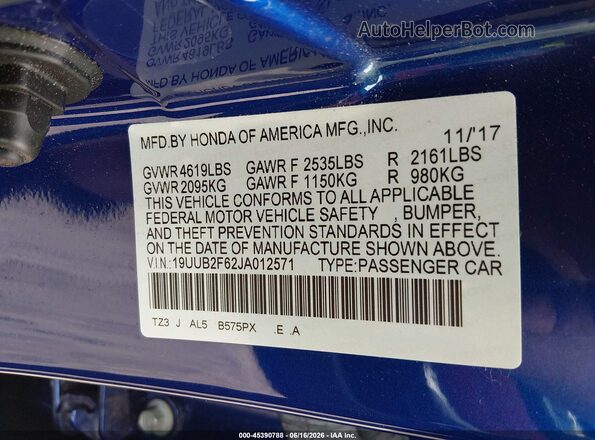 19UUB2F62JA012571 2018 ACURA TLX Blue Engine compartment view