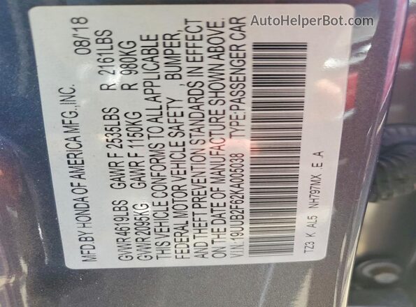 19UUB2F62KA005038 2019 ACURA TLX Gray 