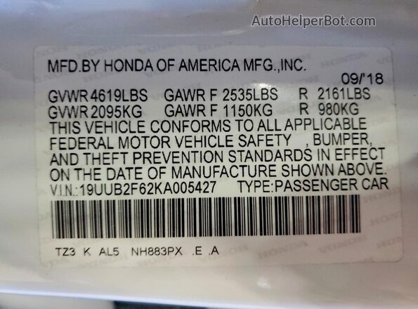 19UUB2F62KA005427 2019 ACURA TLX White VIN sticker view