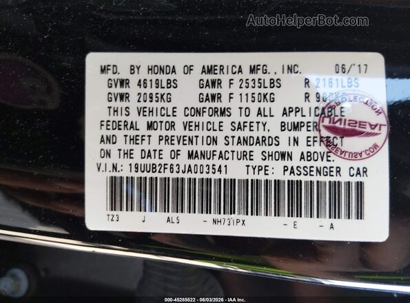 19UUB2F63JA003541 2018 ACURA TLX Черный Вид подкапотного пространства
