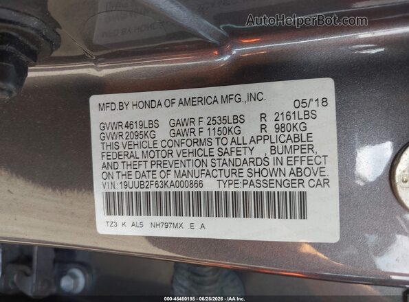 19UUB2F63KA000866 2019 ACURA TLX Gray ძრავის განყოფილების ხედი