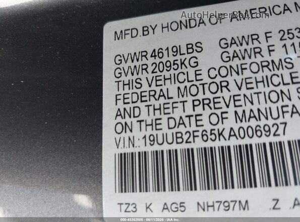 19UUB2F65KA006927 2019 ACURA TLX Gray Вид підкапотного простору