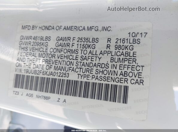 19UUB2F6XJA012253 2018 ACURA TLX White Vista del compartimento del motor
