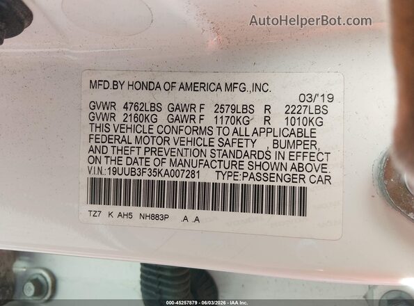 19UUB3F35KA007281 2019 ACURA TLX White Engine compartment view
