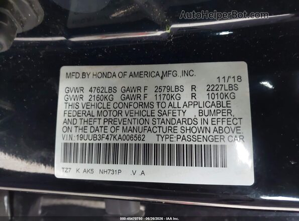 19UUB3F47KA006562 2019 ACURA TLX Black Շարժիչի բաժամունքի տեսք