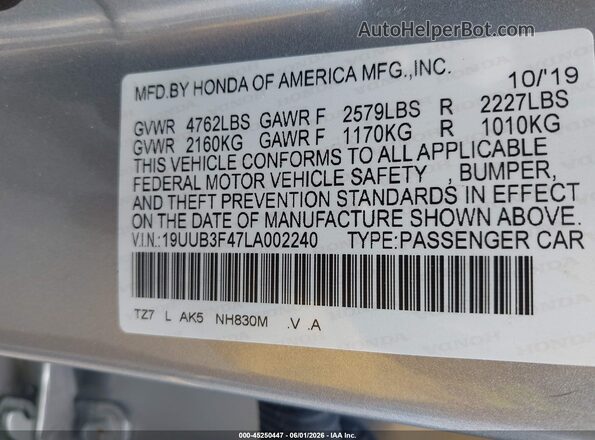 19UUB3F47LA002240 2020 ACURA TLX Silver 
