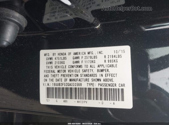 19UUB3F52GA000569 2016 ACURA TLX Black ძრავის განყოფილების ხედი