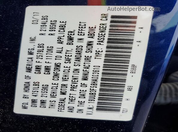 19UUB3F58HA003610 2017 ACURA TLX Blue Շարժիչի բաժամունքի տեսք
