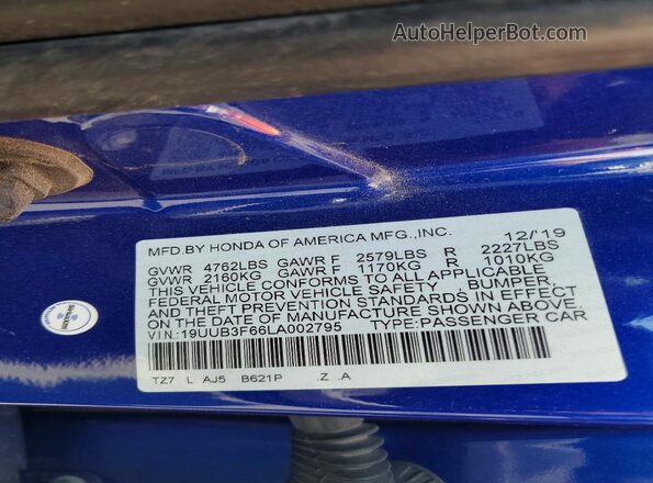 19UUB3F66LA002795 2020 ACURA TLX Blue Engine compartment view