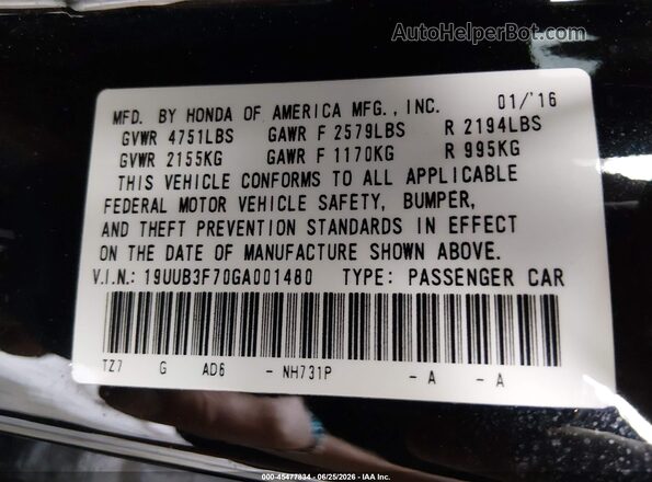 19UUB3F70GA001480 2016 ACURA TLX Black Շարժիչի բաժամունքի տեսք