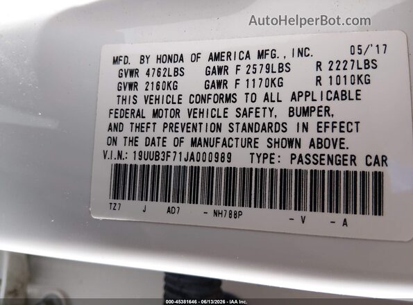 19UUB3F71JA000989 2018 ACURA TLX White ძრავის განყოფილების ხედი