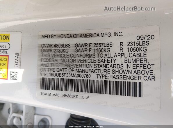 19UUB5F36MA000760 2021 ACURA TLX White ძრავის განყოფილების ხედი