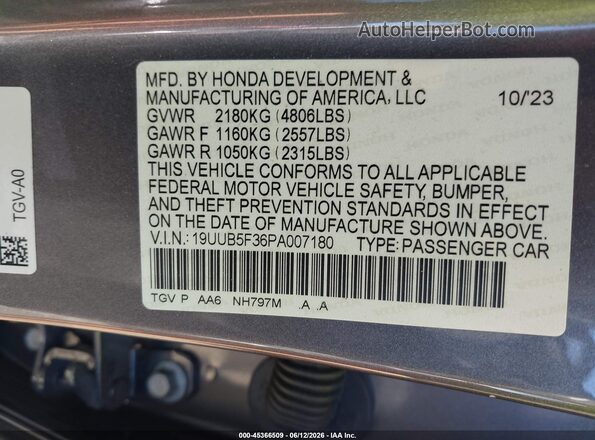 19UUB5F36PA007180 2023 ACURA TLX Gray Vista del compartimento del motor