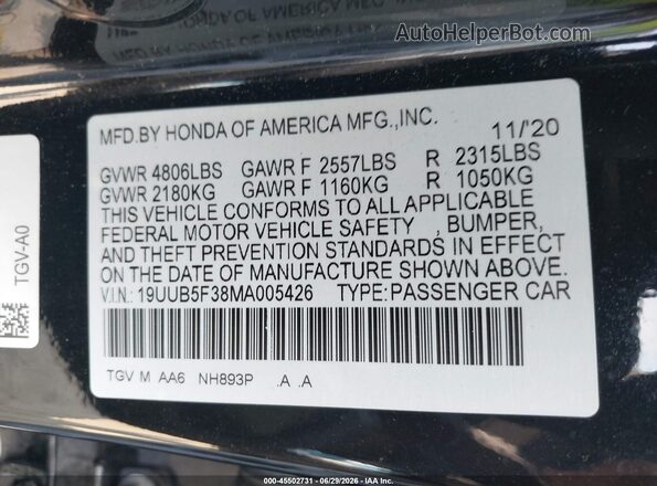 19UUB5F38MA005426 2021 ACURA TLX Black Vista del compartimento del motor