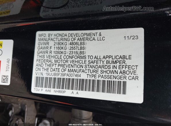 19UUB5F39PA007464 2023 ACURA TLX Black Vista del compartimento del motor