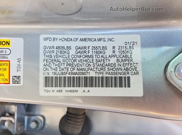 19UUB5F45MA009071 2021 ACURA TLX Silver ძრავის განყოფილების ხედი
