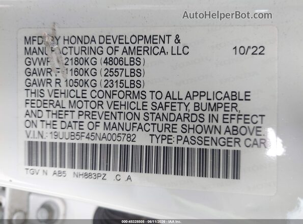 19UUB5F45NA005782 2022 ACURA TLX White Вид підкапотного простору