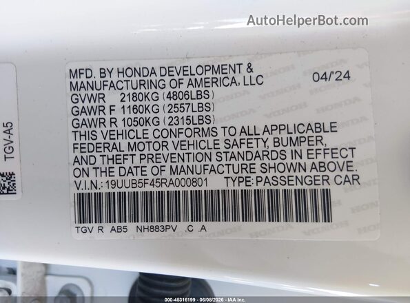 19UUB5F45RA000801 2024 ACURA TLX White Widok komory silnika