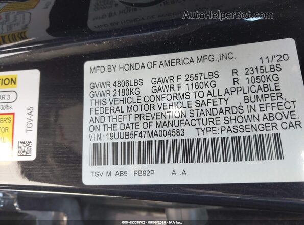 19UUB5F47MA004583 2021 ACURA TLX Purple Շարժիչի բաժամունքի տեսք