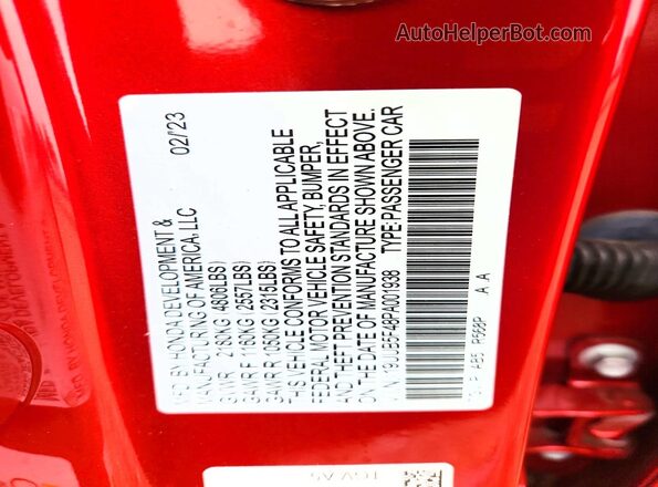 19UUB5F48PA001938 2023 ACURA TLX Red Вид наклейки з VIN-кодом