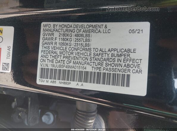 19UUB5F49MA015164 2021 ACURA TLX Black Vista del compartimento del motor