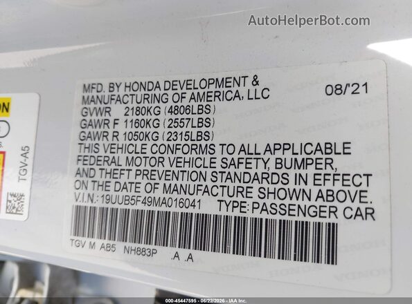 19UUB5F49MA016041 2021 ACURA TLX White Вид підкапотного простору