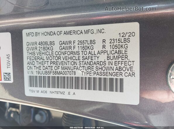 19UUB5F58MA007078 2021 ACURA TLX Gray Vista del compartimento del motor
