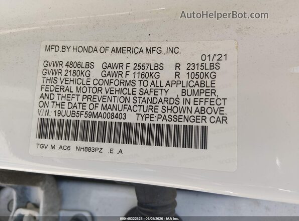 19UUB5F59MA008403 2021 ACURA TLX White Widok komory silnika