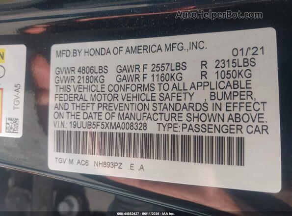 19UUB5F5XMA008328 2021 ACURA TLX Black Շարժիչի բաժամունքի տեսք