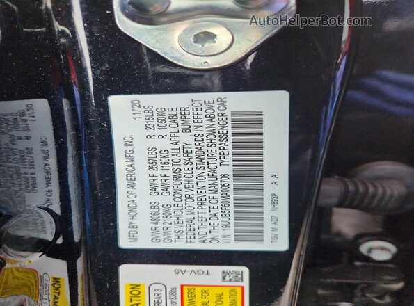 19UUB5F60MA005706 2021 ACURA TLX Black VIN sticker view