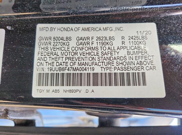 19UUB6F47MA004119 2021 ACURA TLX Black ძრავის განყოფილების ხედი