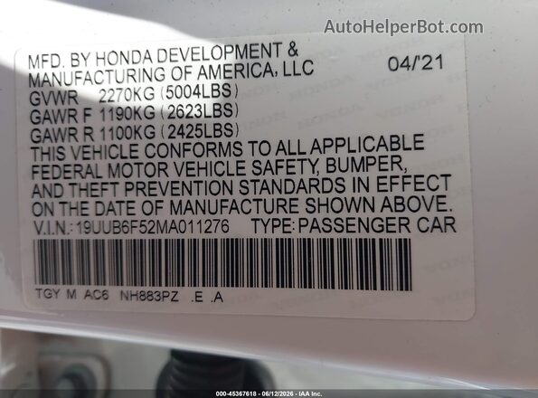 19UUB6F52MA011276 2021 ACURA TLX White Widok komory silnika