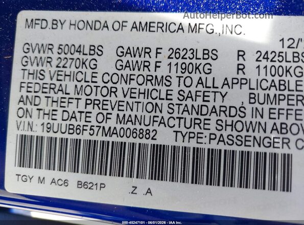 19UUB6F57MA006882 2021 ACURA TLX Blue Widok komory silnika