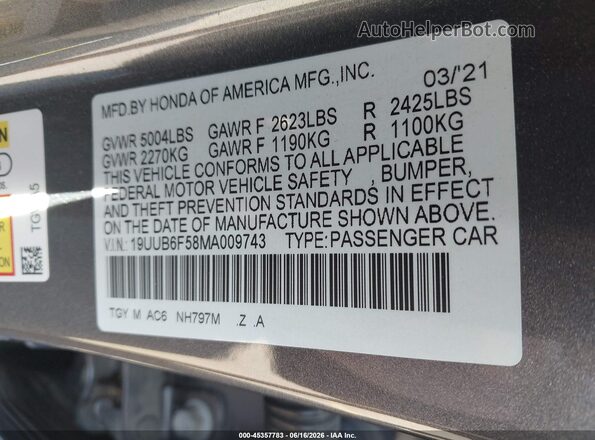 19UUB6F58MA009743 2021 ACURA TLX Gray ძრავის განყოფილების ხედი