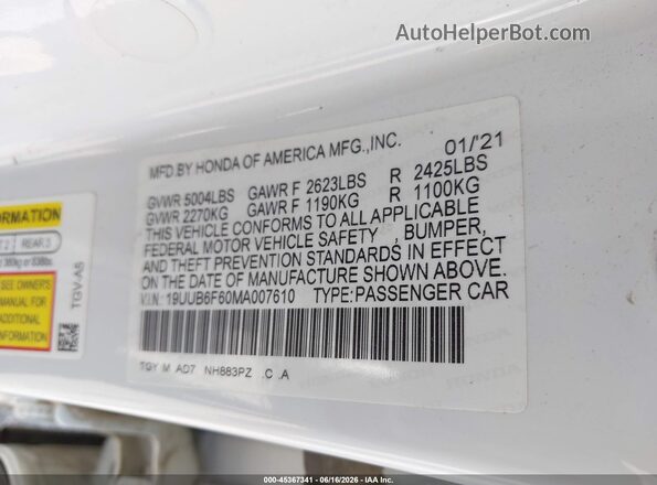 19UUB6F60MA007610 2021 ACURA TLX White Engine compartment view