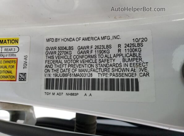 19UUB6F61MA003128 2021 ACURA TLX White ძრავის განყოფილების ხედი