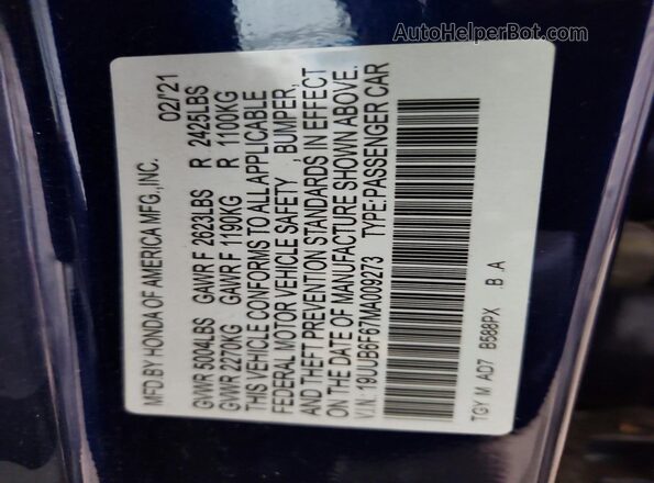 19UUB6F67MA009273 2021 ACURA TLX Blue Вид підкапотного простору