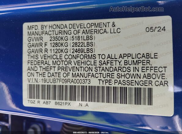 19UUB7F09RA000373 2024 ACURA TLX Синий Вид подкапотного пространства