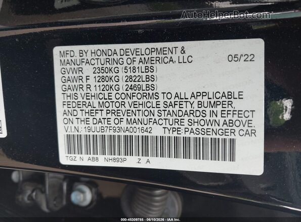 19UUB7F93NA001642 2022 ACURA TLX TYPE S Black ძრავის განყოფილების ხედი